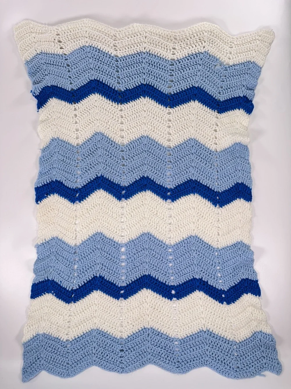 Handmade Blue White Chevron Ripple Crochet Baby Blanket 24x36